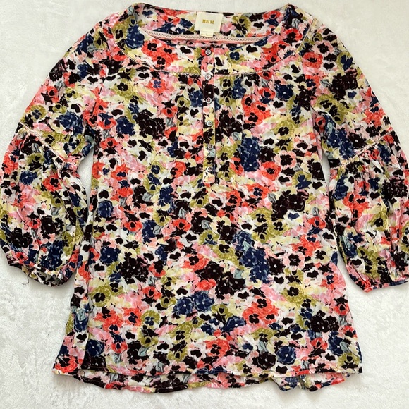 Maeve by Anthropologie Pansy Field Floral Peplum Peasant 3/4 Sleeve Top Size 4 - Picture 2 of 7